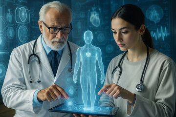 AI generated doctors analyzing a glowing holographic human body with advanced digital data charts teamwork precision innovation medical technology future healthcare interface science
