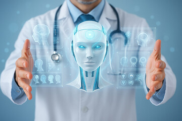 AI generated futuristic medical scene doctor interacting with a glowing humanoid AI head surrounded by transparent holographic panels displaying brain scans neural diagrams advanced digital analysis