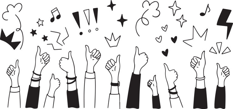 Raising hands with thumb up doodle background. Birthday celebration, music festival, corporate event poster black and white