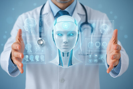 AI generated futuristic medical scene doctor interacting with a glowing humanoid AI head surrounded by transparent holographic panels displaying brain scans neural diagrams advanced digital analysis