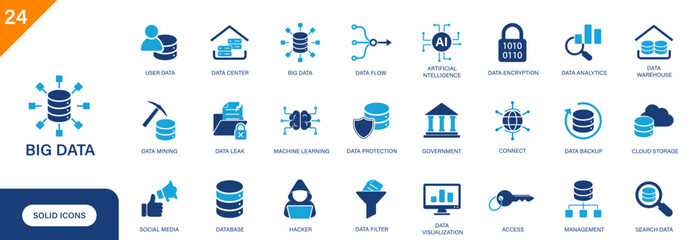 Big data icon. Including user data, social media, data mining, machine learning, data analytics. Solid vector icon set.