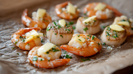 Fototapeta premium Baked Shrimp and Scallops with Butter on a Baking Sheet