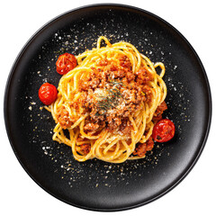 Bolognese spaghetti with meat sauce and tomatoes on a black plate