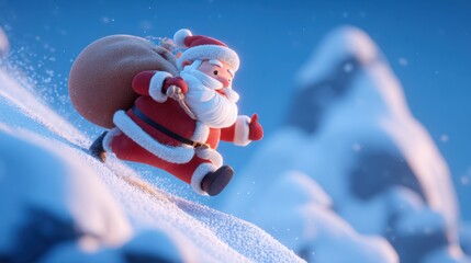 Santa Claus Toy Running in Snowy Winter Landscape with Snow-covered Trees