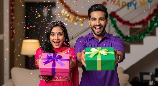 A couple in colorful party outfits stands together holding gift boxes and celebrating amidst confetti at a festive indoor event.