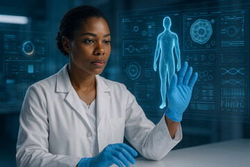 AI generated medical specialist interacting with a glowing holographic human model in a high tech laboratory conveying precision innovation hope and advanced scientific intelligence