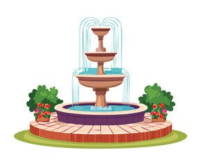 Classic tiered stone fountain centerpiece surrounded by potted red flowers and green shrubbery in a peaceful sunny garden park setting - Vector Illustration