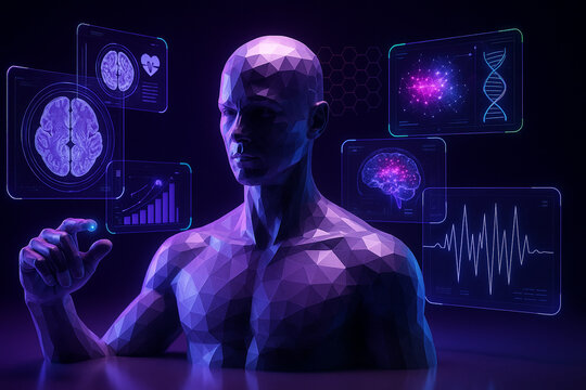 AI generated polygonal human hologram surrounded by glowing brain scans DNA panels heart signals and neural data displays conveying advanced cognition digital biology precision analytics
