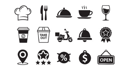 Restaurant and food related icon set in black and white style