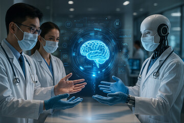 AI generated futuristic medical lab scene featuring doctors and a robot collaborating with a glowing digital brain and clean blue tone interface symbolizing advanced innovation