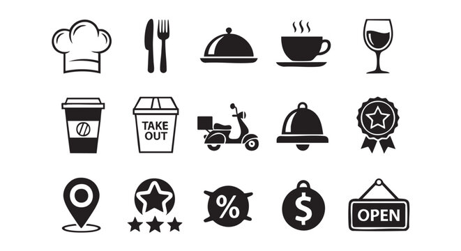 Restaurant and food related icon set in black and white style