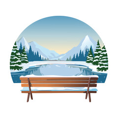 Wooden park bench with a scenic view of a winter lake and snowy forest vector illustration