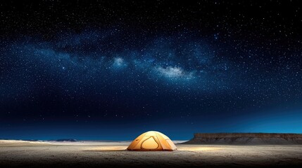 A single, illuminated tent sits in a vast, sandy desert landscape under a brilliant night sky filled with stars and the Milky Way.
