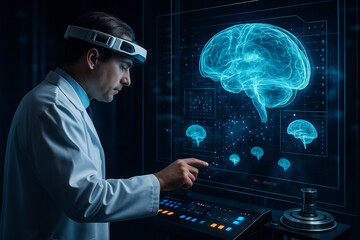 AI generated male scientist using an advanced headset to analyze glowing holographic brain data in a high tech lab creating a mood of intelligence precision innovation and deep scientific exploration.