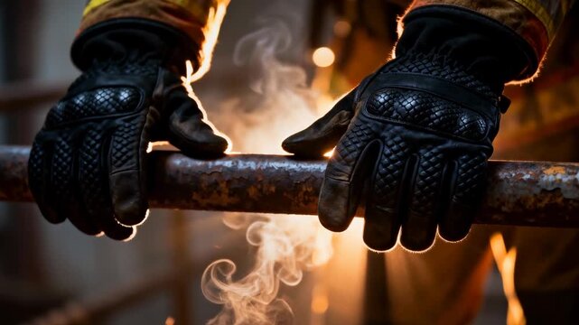 cinematic close up of fire resistant gloves gripping a railing with dramatic lighting, perfect for safety and health at work