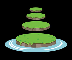 Stacked green grass islands on blue water surface in serene outdoor landscape flat vector illustration