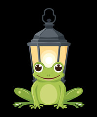 Friendly green frog face inside a classic black lantern with bright yellow glow flat vector illustration