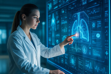 AI generated focused medical specialist interacting with a glowing blue neon holographic display in a high tech lab conveying precision innovation advanced diagnostics and the seamless fusion of human