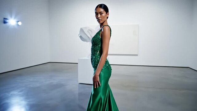 Elegant Woman Posing in Emerald Green Gown at Art Gallery