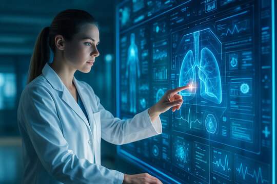 AI generated focused medical specialist interacting with a glowing blue neon holographic display in a high tech lab conveying precision innovation advanced diagnostics and the seamless fusion of human