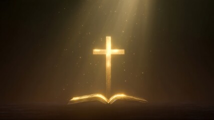 Golden cross glowing light open bible holy book ray of light dark background sacred symbol worship devotion prayer faith christian religion spirituality hope peace serenity glow shine sparkle gold