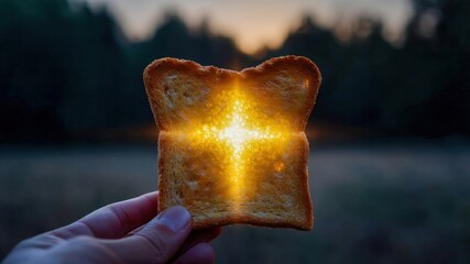 Bread slice hand sunlight glowing cross symbol faith hope religion forms glowing cross through warm toast slice held outdoors at sunset, evoking spirituality, divine light, and gentle blessing