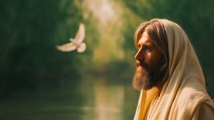 Serene river baptism scene dove light descent holy spirit figure hooded robe bearded man tranquil forest glow reflection reverent moment hope