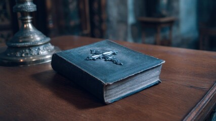 Antique bible cross vintage book wooden table soft light church interior faith christian scripture prayer guide. Antique bible with cross rests wooden table soft light within church interior