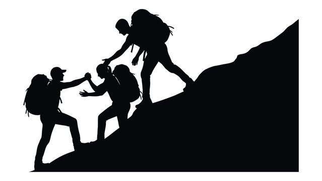Teamwork mountaineering silhouette isolated on white background, Vector