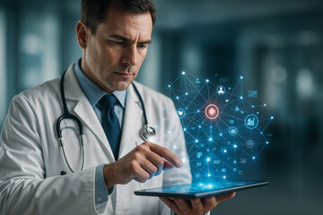 AI generated doctor using a digital holographic interface with glowing blue network graphics symbolizing advanced data analysis precision connectivity AI healthcare innovation trust