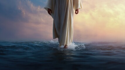 Jesus robe water miracle sunset ocean walking splash faith christian Calm figure in flowing robe walking on water at sunset with gentle splash, evoking faith and christian reflection and hope