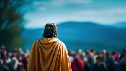 Faithful christian crowd robe crown leader outdoor mountain serene worship serene crowd gathers outdoors before robed leader with simple crown, faith and christian spirit felt calm light near