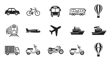 Transportation Icons Set Black and White Car Bicycle Train Plane Truck Scooter