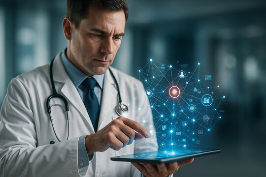 AI generated doctor using a digital holographic interface with glowing blue network graphics symbolizing advanced data analysis precision connectivity AI healthcare innovation trust