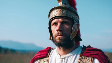 Roman soldier armor helmet plume red cloak ancient warrior battlefield sunlight portrait with faith and christian tone