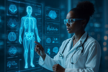 AI generated female doctor using smart glasses to examine a glowing holographic human body with detailed anatomy brain scans and biometric data panels in a high tech futuristic medical environment