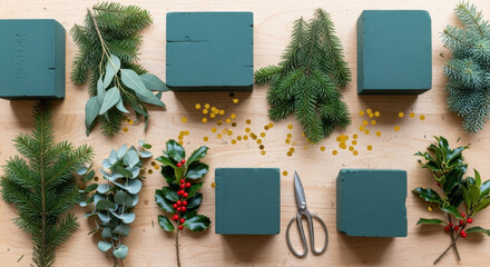 Winter flower arranging workshop setup with greenery, foam blocks, and scissors on wooden table for creating festive bouquets