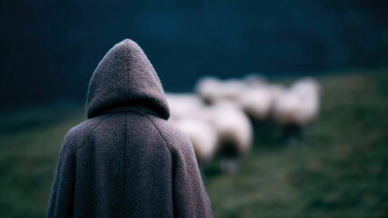 Hooded shepherd pasture sheep dawn misty field rural faith christian cloak flock move quietly under soft light with calm mood and gentle care