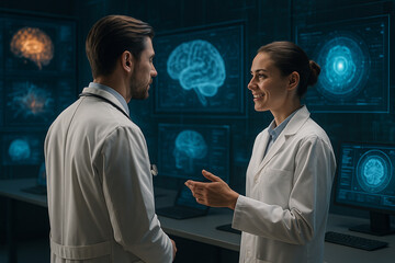 AI generated doctors discussing neural science in a modern lab with hologram brain data glowing in blue tones creating a calm innovative and professional atmosphere suitable for medical