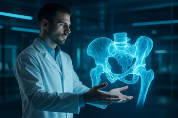AI generated male scientist analyzing a glowing holographic skeletal structure in a high tech lab creating a mood of precision calm focus innovation and advanced medical exploration.