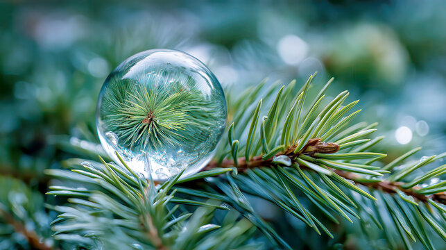 Frozen Water Droplet on Fir Tree Needle in Winter - Powered by Adobe