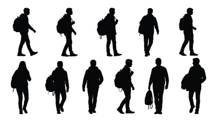 Student and traveler silhouettes with backpacks isolated on white background, Vector