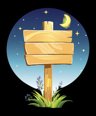 Blank wooden signpost standing in a forest glade under a crescent moon vector illustration design © color