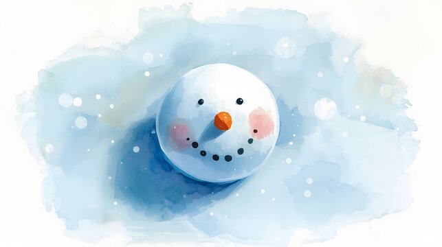 Delightful winter scene featuring a charming watercolor snowman smiling warmly, inviting cheerfulness.