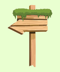 Mossy wooden arrow signpost pointing left in a forest glade flat vector illustration design element art © color