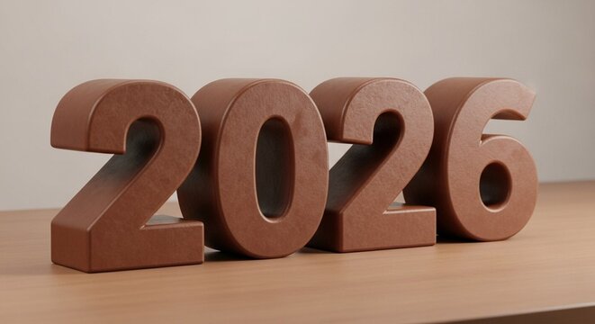 Welcoming the year 2026 with a sweet new beginning, represented by delicious brown chocolate numbers on a wooden table