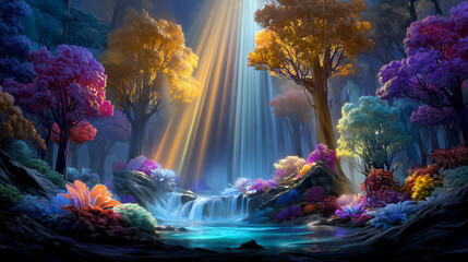 A scenic view of a waterfall in a fantasy forest.