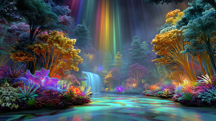 A scenic view of a waterfall in a fantasy forest.