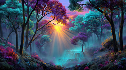 A scenic view of a waterfall in a fantasy forest.
