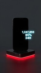 Futuristic black device with glowing red base and data display